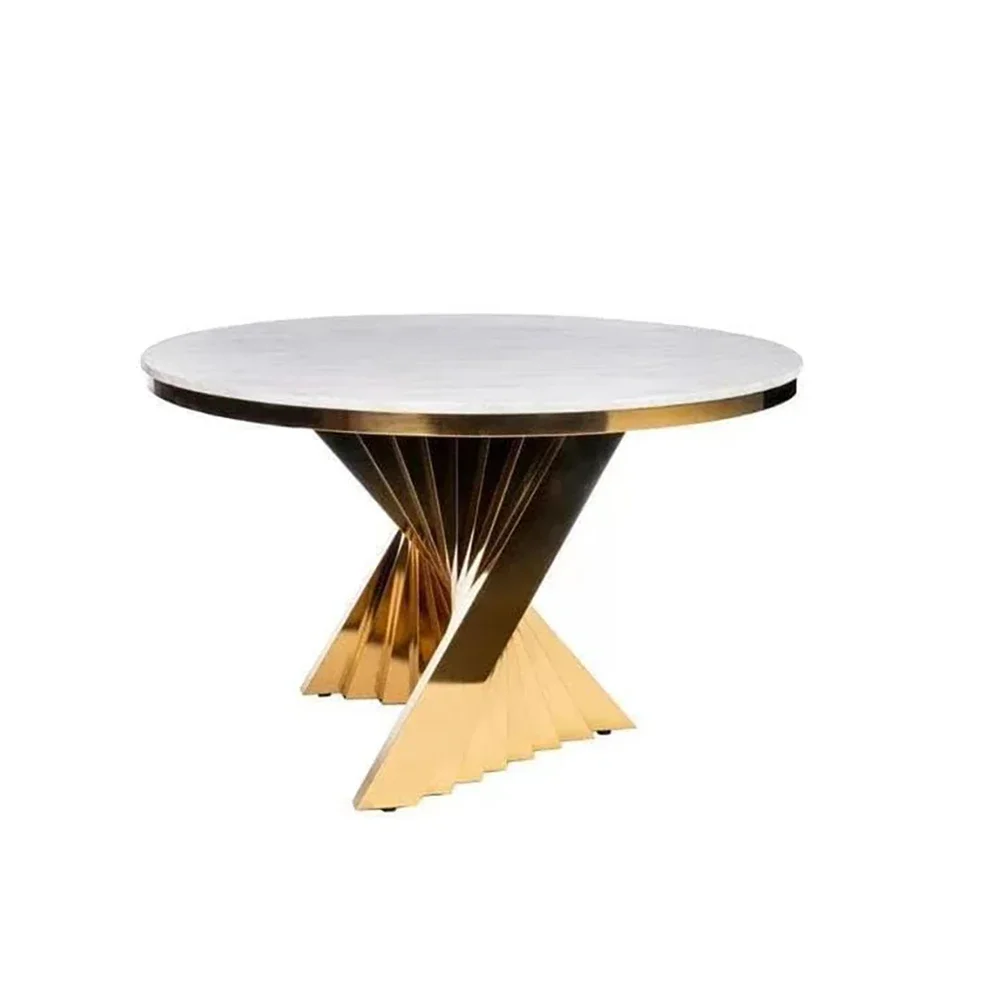 

Gold Stainless Steel Rock Slab Top Dining Table Z Shaped Design