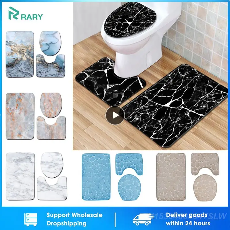 3pcssetBlackMarbleBathMatsSetsWashableBathroomPedestalRug