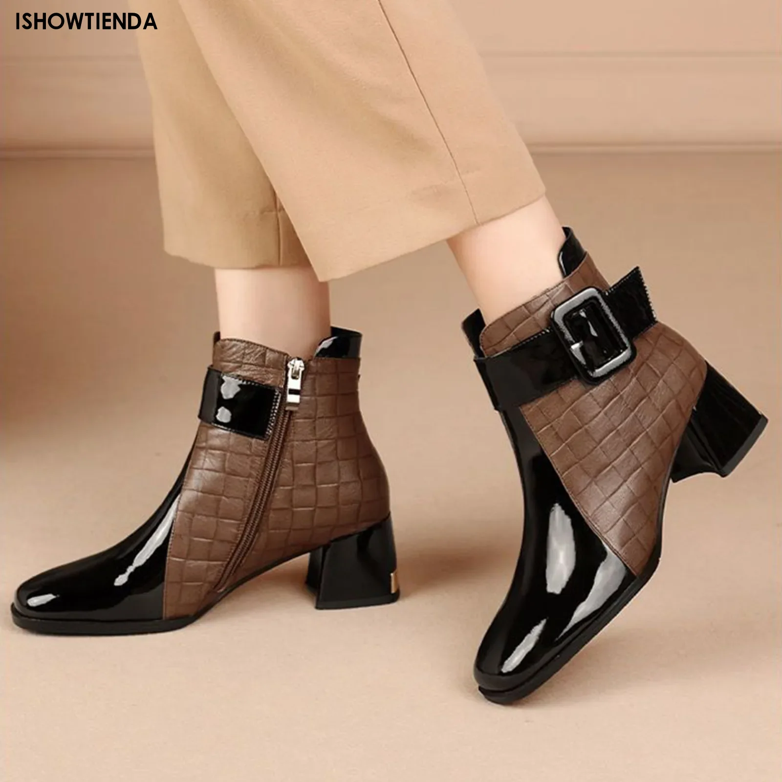 

Women Ankle Boots Thick Heels Platform Short Boots Autumn New Female Pu Leather Shoes Retro Buckle Work Shoes Botas De Mujer