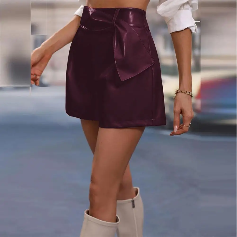 

Women Culottes Shorts Stylish Women's High Waist Faux Leather Mini Skirt Shorts with Belt Decor Above Knee Length A-line Club