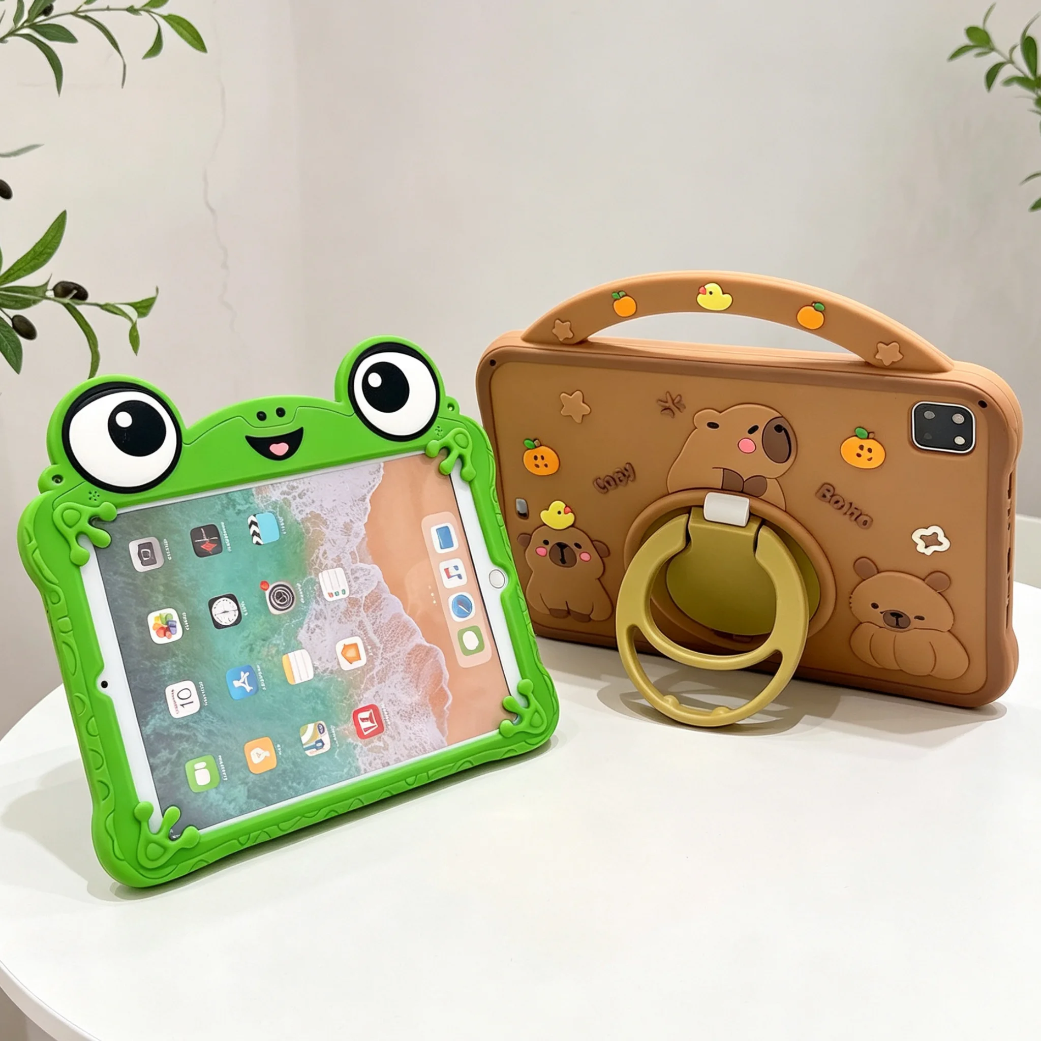 Cartoon Capybara Frog Tablet Case with Kickstand Cover