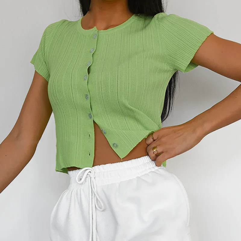 

Short Sleeve Ribbed Button Up Top Shirts For Women 2021 O-Neck Slim Cotton Summer Tops Fashion Casual Cropped Knitted Tshirt XXL