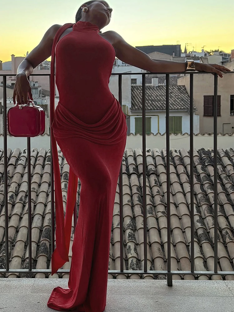 Nibber Folds Maxi Dress Women Bandage Halter Long Tassel Sleeveless Backless High Elasticity Elegant Banquet Party Vestidos