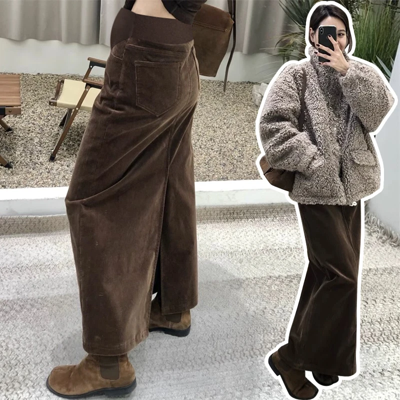 Good Quality Maternity Corduroy Skirt Thick Warm Back Split Pregnant Woman Long Belly Skirts Vintage Pregnancy Straight Skirts