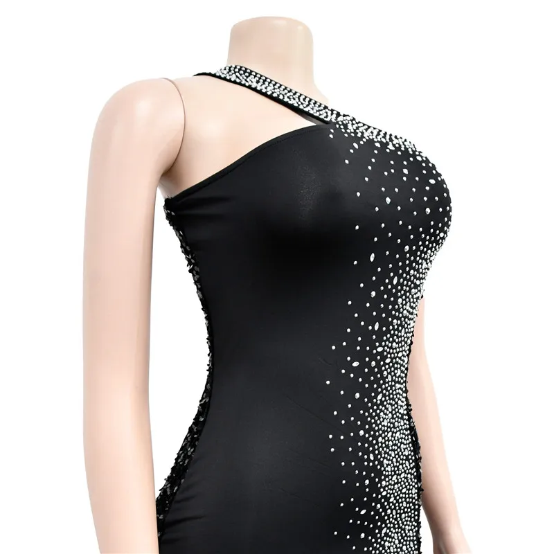 RLMABABY Sexy One Shoulder Backless Diamond Sequin Long Bodycon Dress Women Club Party High Split Sleeveless Elegant Slim Dress