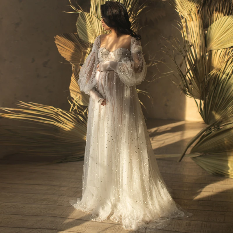 18049# Luxurious Pearl Tulle Maternity Dress for Photoshoot Wedding Guest Open Front Detachable Sleeves Pregnant Women Dresses