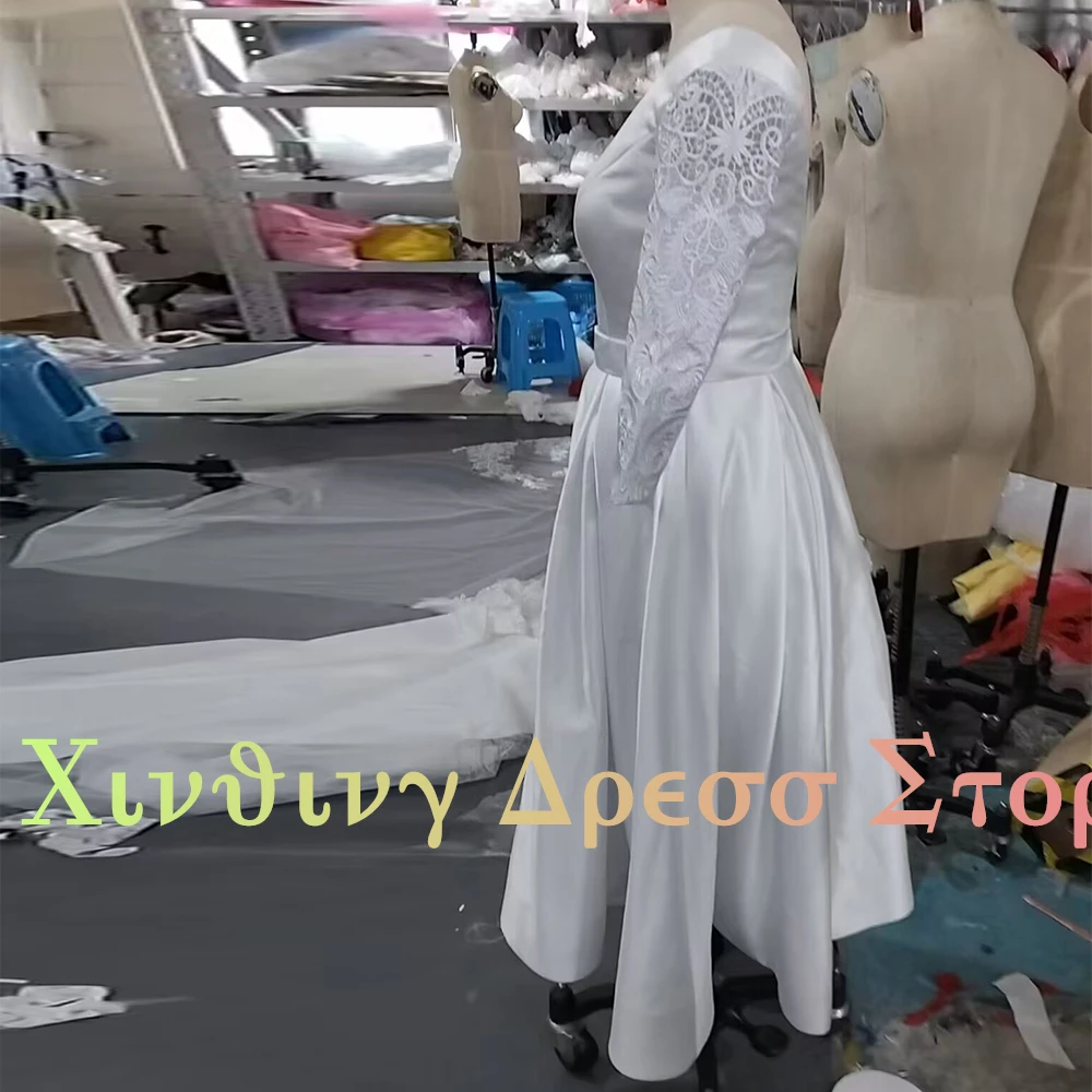 Minimalist White Short Wedding Dresses Elegant Tea Length Scoop Appliques 3/4 Sleeves Bridal Gowns Zipper Back Made wedding dresses