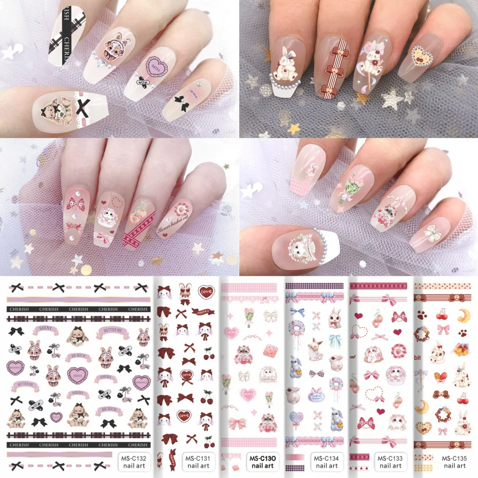 

10PCS Cute Animal Series Nail Sticker Cute Bunny Cute Cat Nail Decoration Decal 3D Self-adhesive Nail Slider Accessories