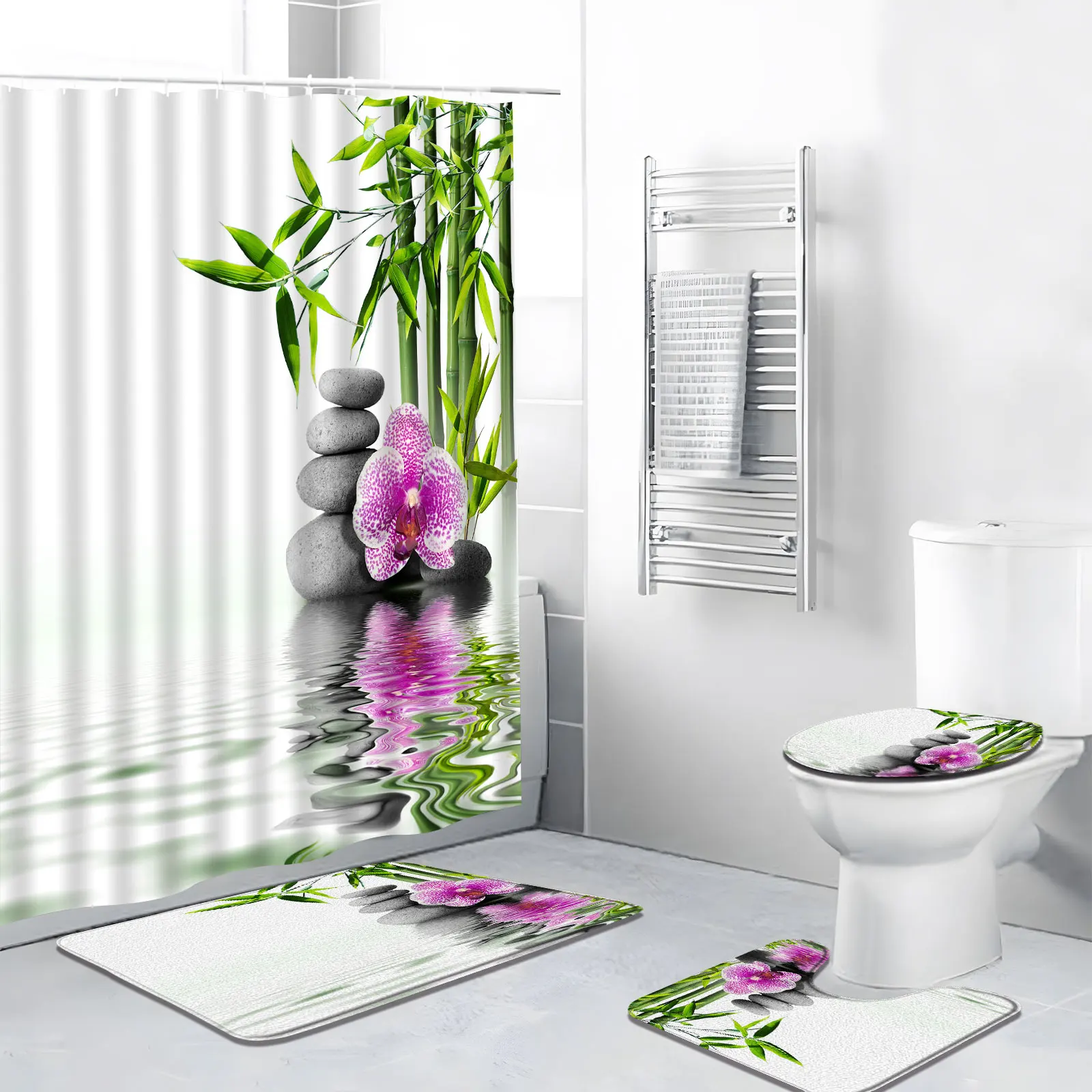 Zen-Garden-Bathroom-Rugs-Flowers-Green-Bamboo-Stone-Nature-Scenery-Low ...