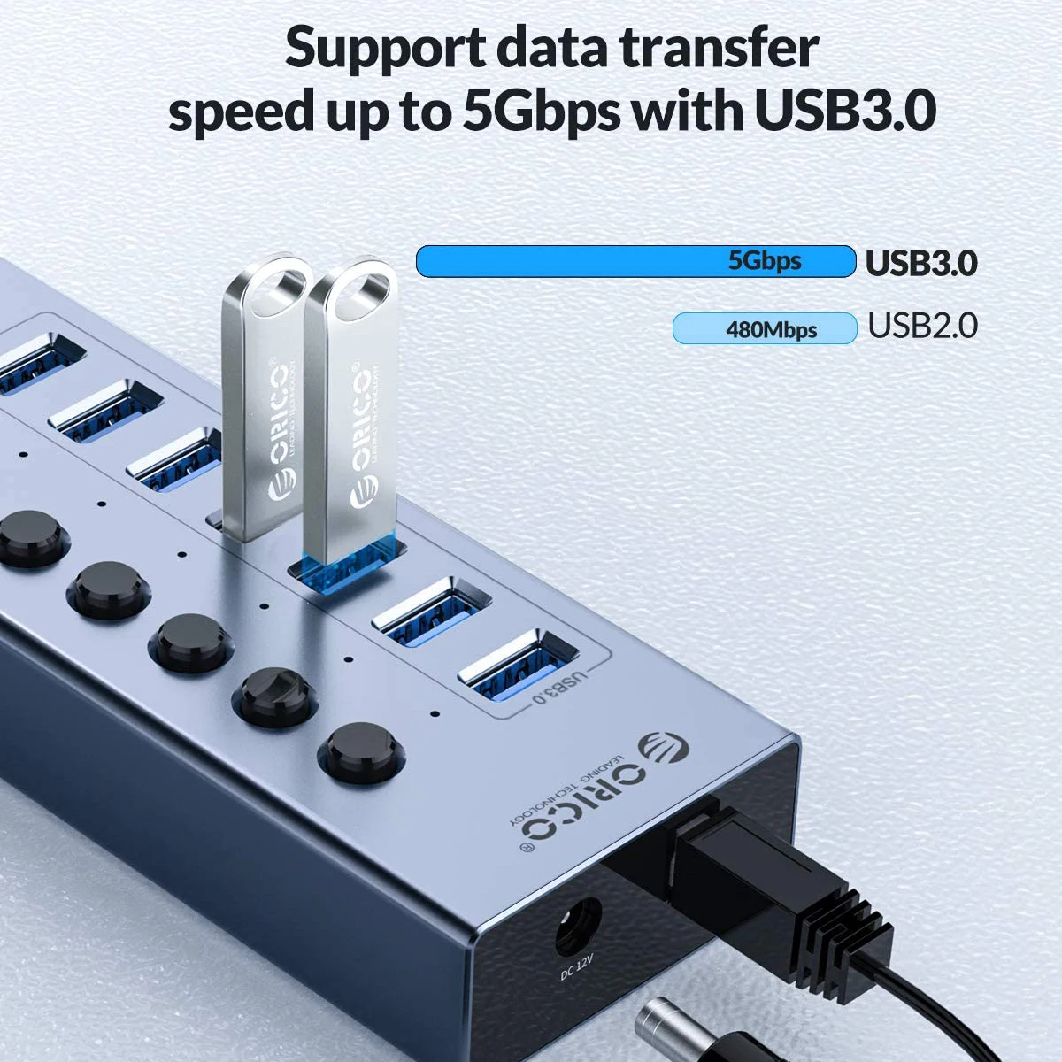 Orico-usb Hub 3.0 Multi Splitter Adaptador de Energia Expansor Múltiplo com Interruptor Acessórios para Notebook Port 10 Port 13 Port - Imagem 2
