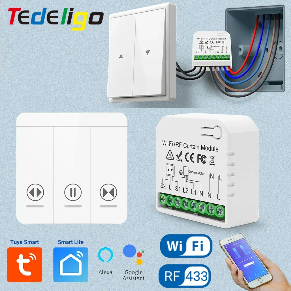 

Tedeligo WiFi RF Smart Curtain Switch Module,Smart Home Roller Shutter Garage Controller Wireless Wall Switch,Alexa,110V 220V