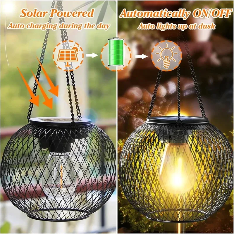 Led Solar Lights Outdoor Solar Iron Lantern Waterproof Decorative Hanging Lights for Tree Garden Yard Patio Pathway Dusk-to-daw