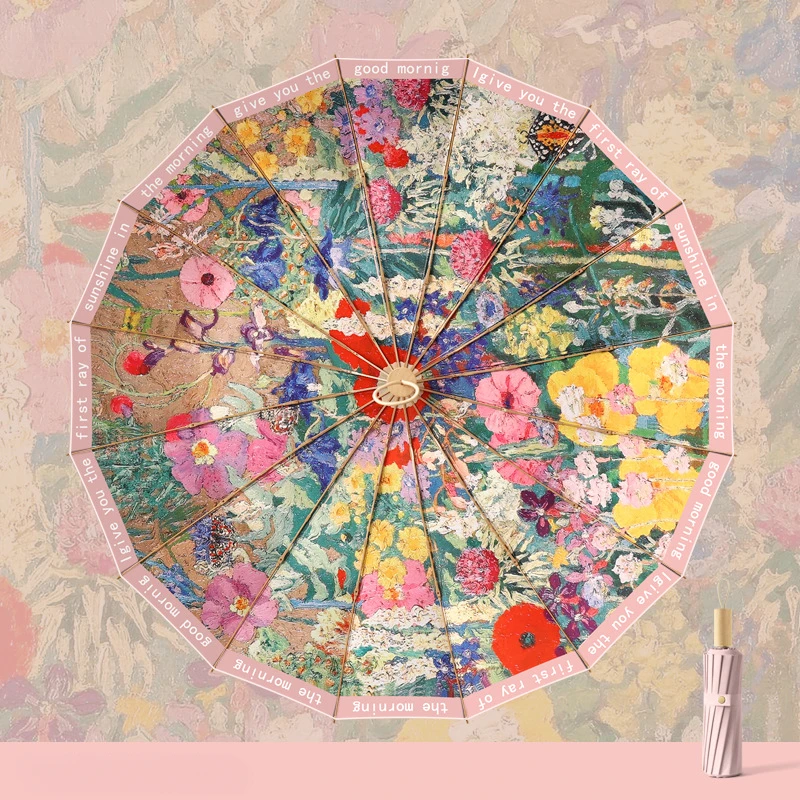 Folding Umbrella Sunshade Parasol Color Coating 3 Folding Oil Painting Sunscreen UV Protection Retro For Women