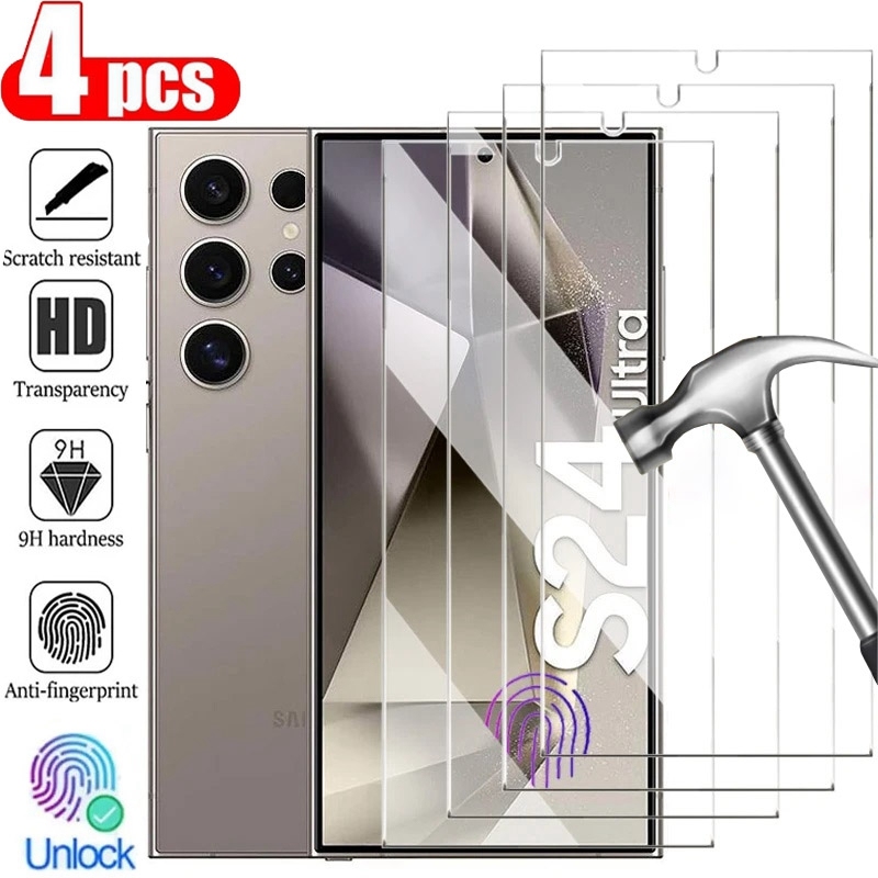 4PCS Full Cover Tempered Glass For Samsung Galaxy S24 Ultra S24 Plus Fingerprint Screen Protector S25Ultra Protective HD Glass