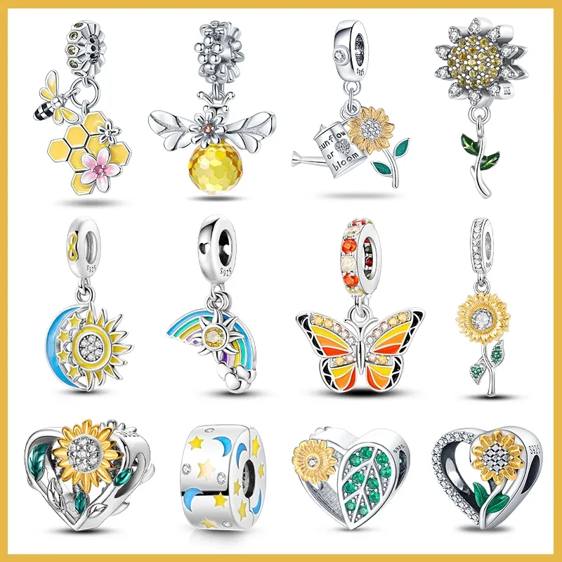 100925SterlingSilverGoldenSunflowerBeeButterflyCharmsBeadsFit
