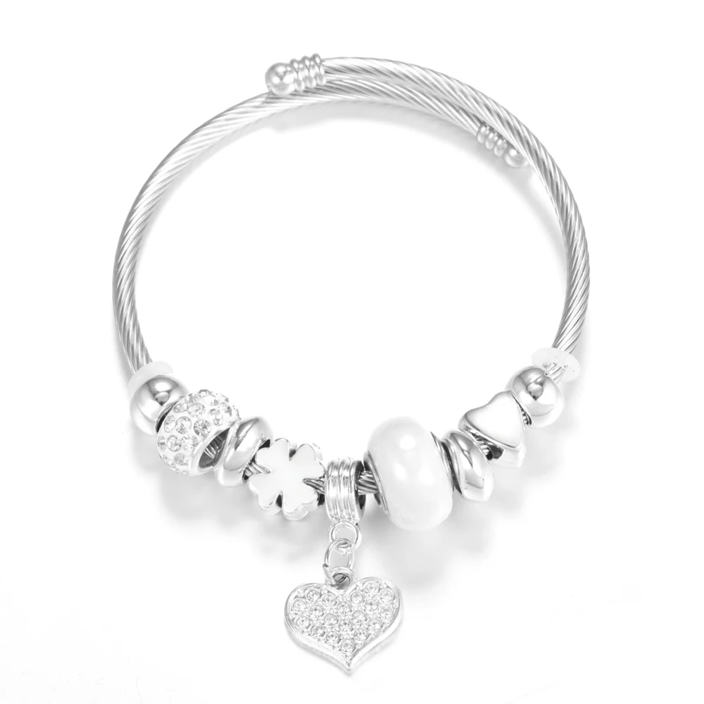 Heart-Shaped Rhinestone Stainless Steel Beaded Bracelet Women Glamorous Crystal 4 Colors Closure Adjustable Bangles Jewelry Gift bangle bracelet stainless steel bracelet beaded bracelet crystal bracelets bead bracelet
