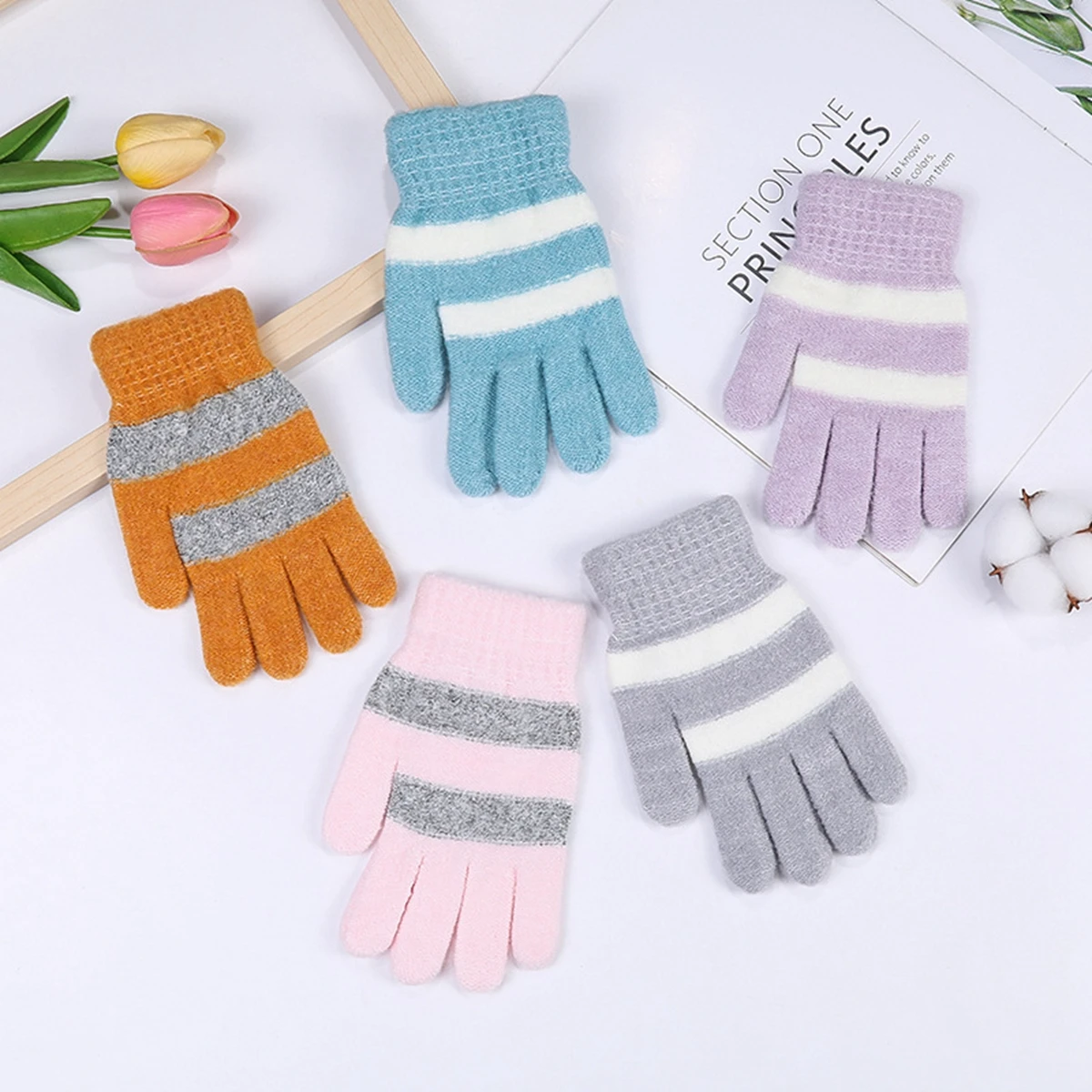 

1Pair All Finger Autumn Winter Women's Striped Outdoor Split Finger Gloves
