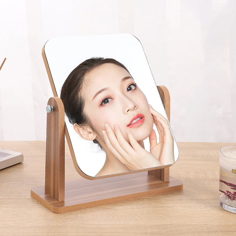 나무 스탠드가 있는 화장대 화장 거울, 360도 회전 가능한 소형 화장 거울, 휴대용 카운터탑 거울, 목욕 선물용