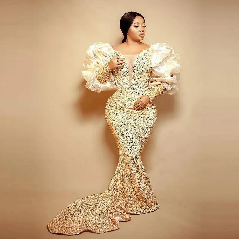 

Champagne Sequin Mermaid Long Seeves Prom Dresses Evening Gowns Scoop Neck Custom Made African Party Dress Plus Size Vestidos