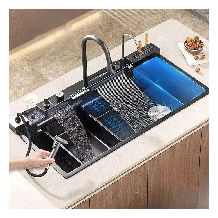New Product Multifunctional Black Kitchen Sink 304 Smart Stainless Steel Large Sink Hotel Kitchen Handmade Stainless Steel Sinks