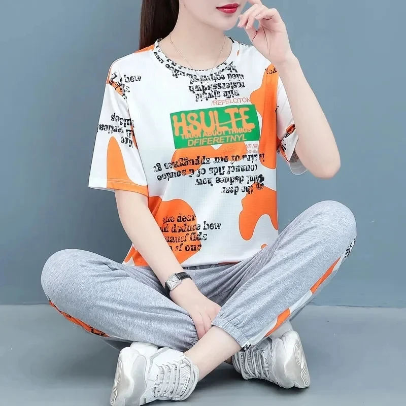 

Женский Повседневный костюм из 2 предметов, свободная рубашка с коротким рукавом и принтом в Корейском стиле, спортивный костюм большого размера, лето 2024