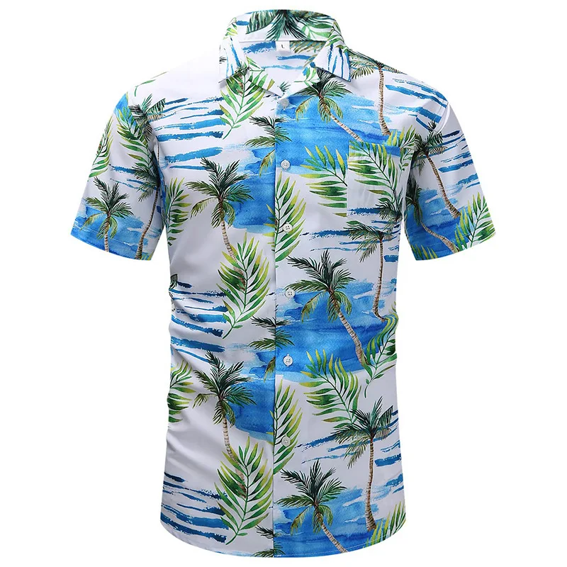 thumbnail image 1 of Camisa de manga corta de poliéster de verano para hombre, con estampado de hojas de madera, camisas hawaianas para playa, blusa informal para hombre, ropa para hombre, 1 of 4