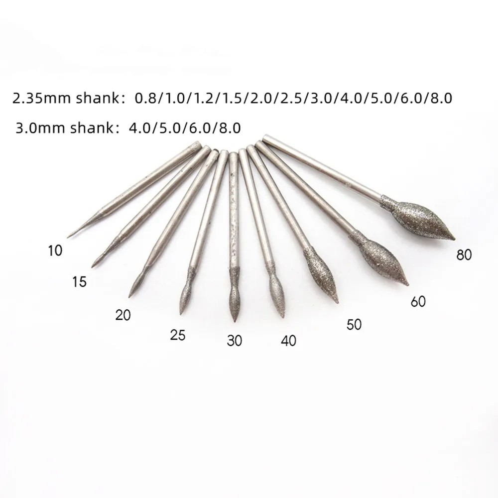 

5/10/15 Pcs Brazed Diamond Grinding 2.35/3mm Shank Head Jade Peeled Flat Jaw Stone Engraving Long Olive Shape Burrs Carving Bits