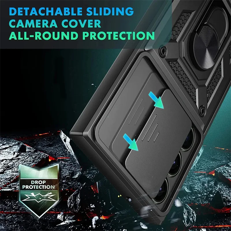 Rotating Slide Camera Lens Military Grade Armor Phone Case with Stand Cover