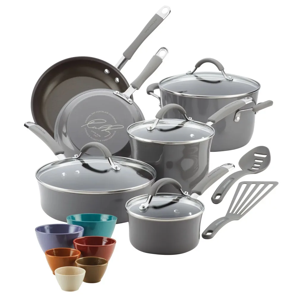 

Cucina Hard Enamel Nonstick Cookware and Prep Bowl Set, 18-Piece, Gray
