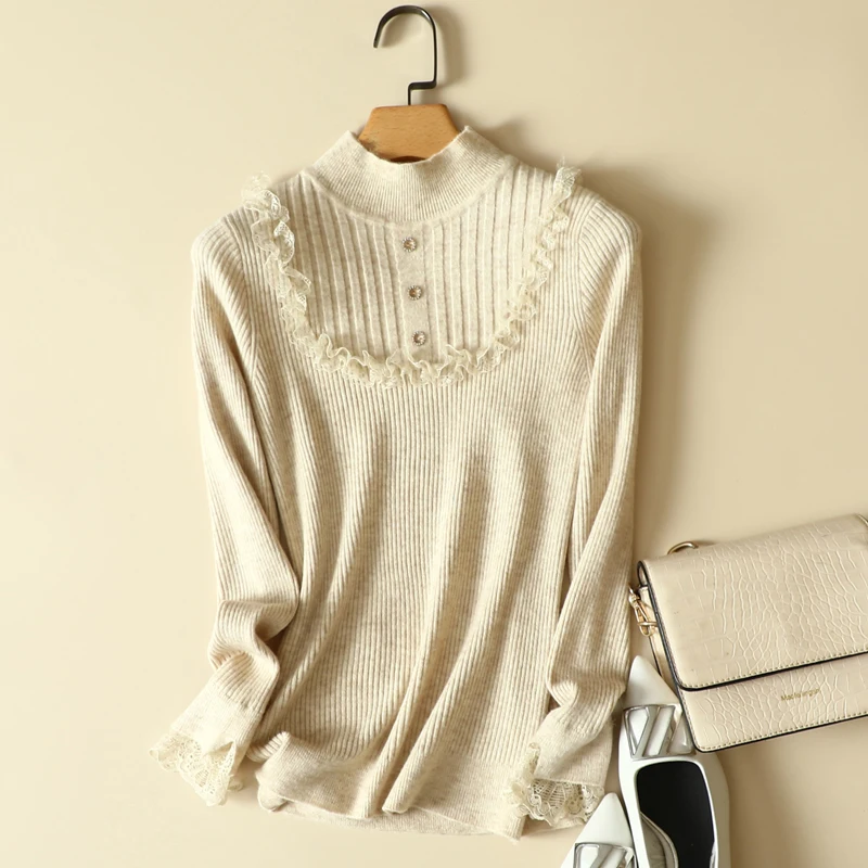

Button Ruffles Knitted Women Sweater Pullovers Autumn Winter 2022 O-Neck Elastic Elegant Office Lady Pulls Outwear Coats Tops