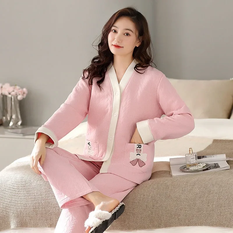 2024 New Autumn Winter Thickened Loungewear Pure Cotton Sandwich Women's Pajamas Large Size Loose Thin Homewear V-neck Nightwear