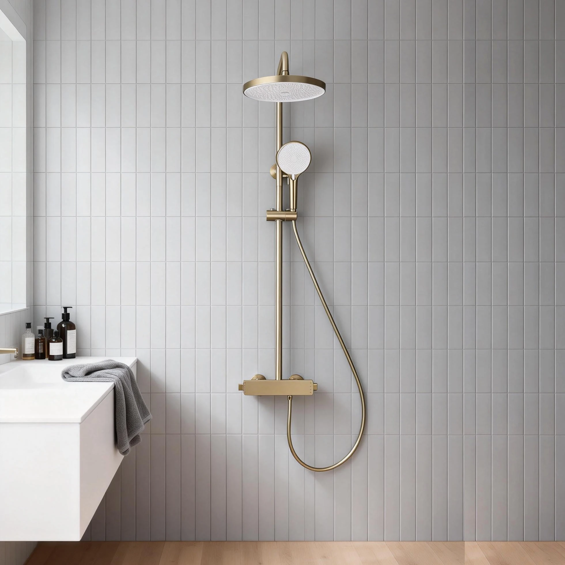 ระบบฝักบัวอาบน้ำแบบเทอร์โมสตัทสีทองขัดเงา KEMAIDI, ชุดฝักบัวแบบเรนชาวเวอร์ 3 ฟังก์ชั่นแบบติดผนัง พร้อมฝักบัวมือถือ 1