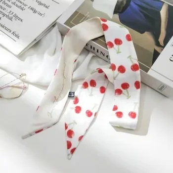 Sciarpa di seta da donna Sciarpa magra di ciliegia Stampa motivi geometrici Nastri per borse con manico piccolo Sciarpe per la testa femminile Avvolge per le signore 1
