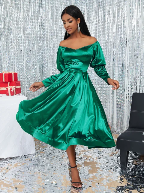 Green Long Sleeve Christmas Dress | Green Red Dress Christmas - Dresses  Shoulder Long - Aliexpress