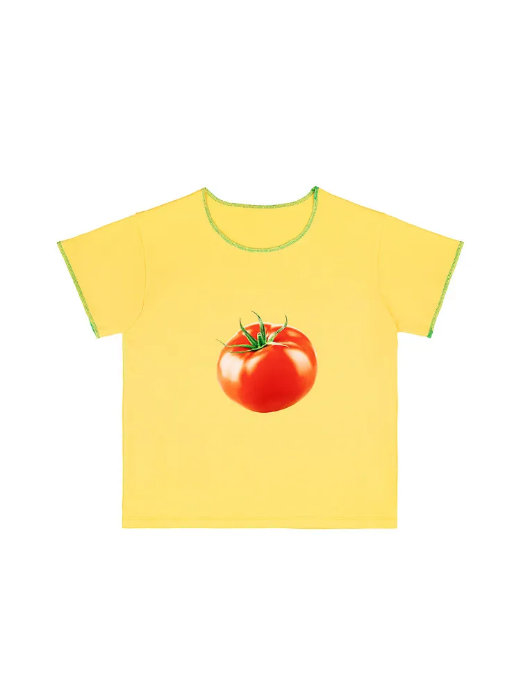 

Y2k Women's Short Sleeved T-Shirt 90s Vintage Slim Fit tomato Print Top Streetwear Casual Summer Outfit yellow Clothes 2024