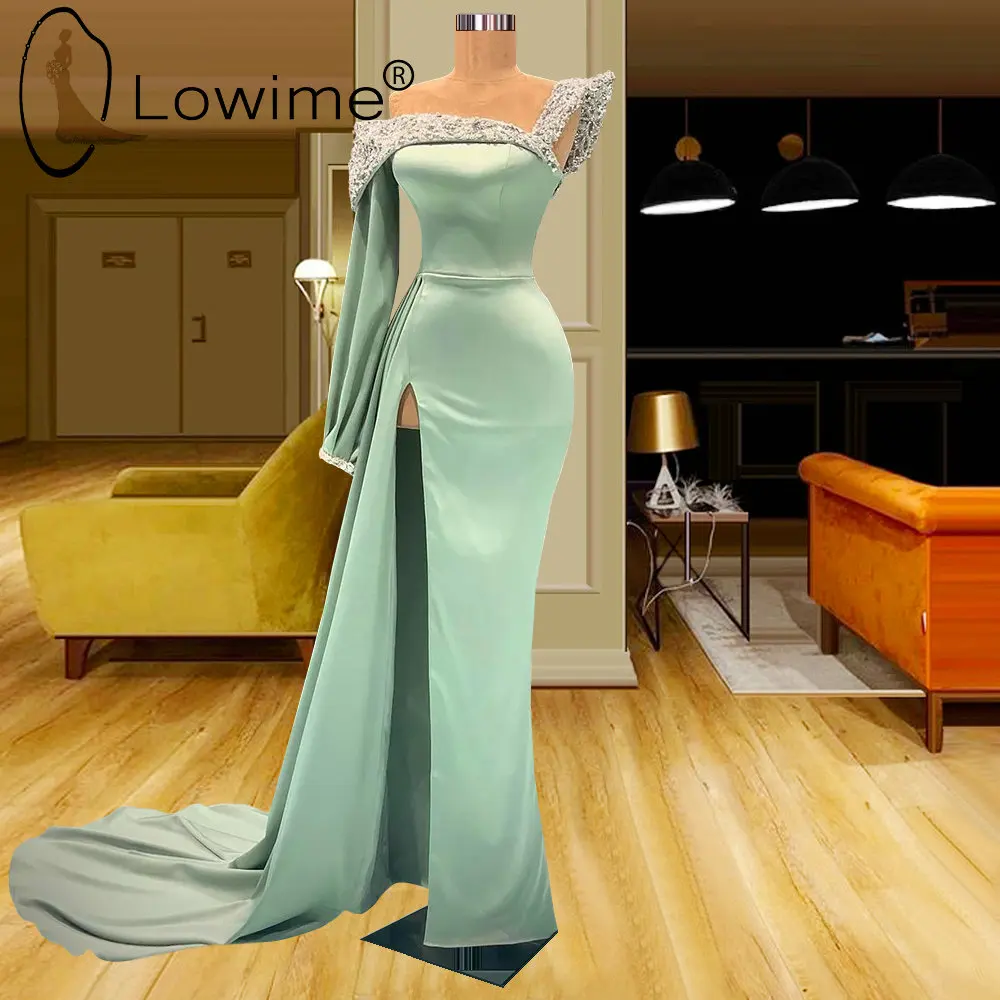 

Mint Green Elegant Long Mermaid Evening Dresses for Party One Shoulder High Split Women Formal Prom Pageant Gowns Custom Made