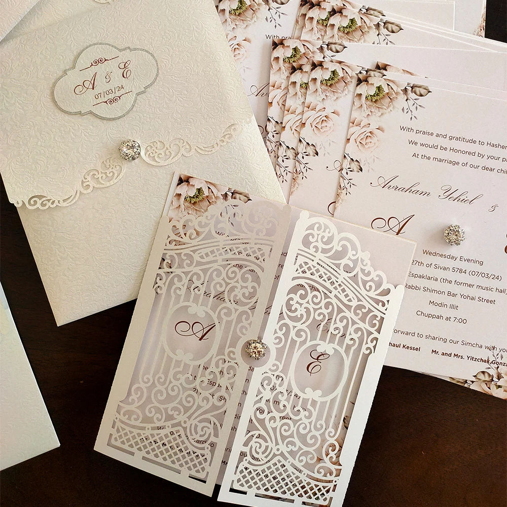 High-end wedding invitation cards with White Textured Envelope with Diamond Buttons