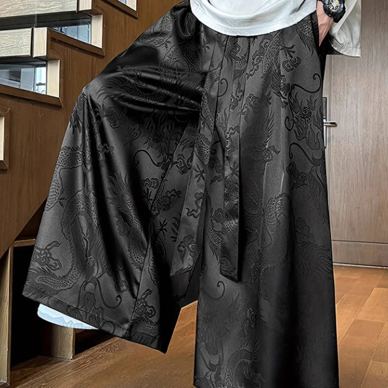 Pantalon Hanfu pour hommes, en soie glacée, Jacquard, motif Dragon, décontracté, jambes larges, rétro chinois, nouvelle mode, vêtements wushu
