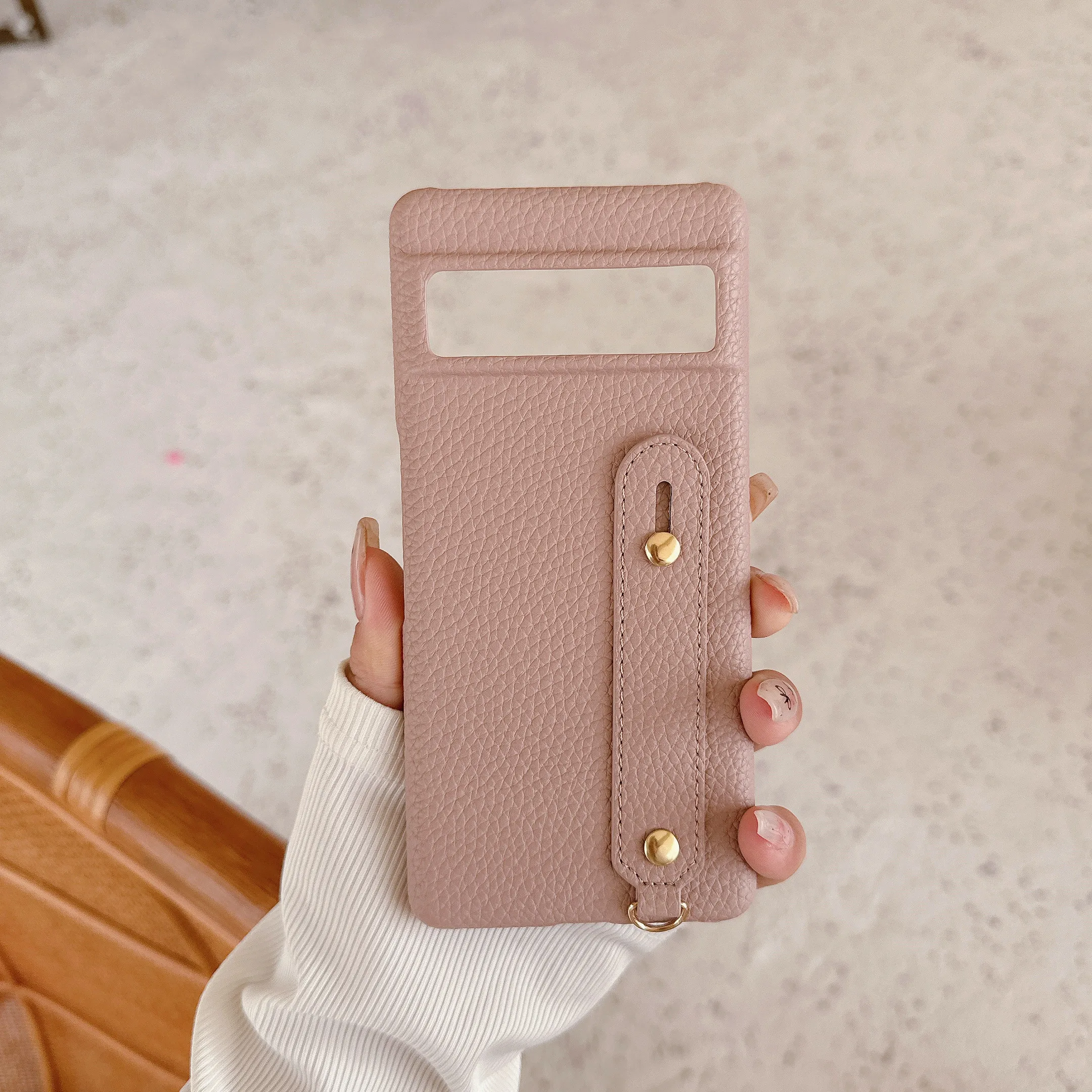 Colorful Litchi Leather Wrist Strap Phone Case with Finger Ring Buckle