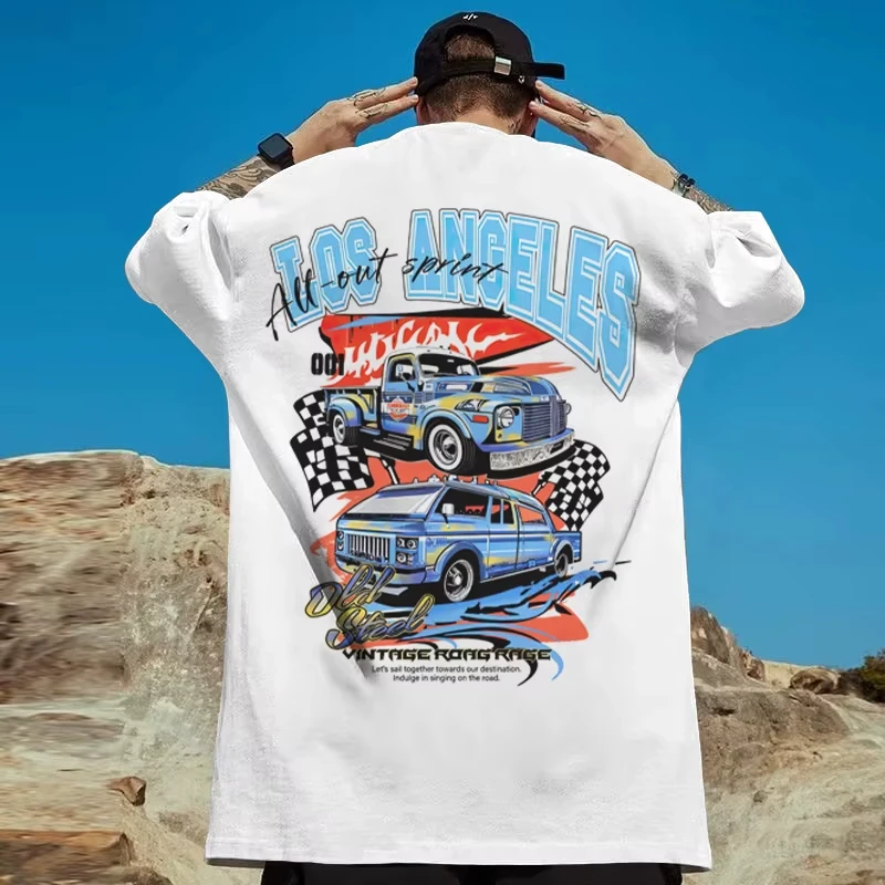 Summer T-Shirts For Men American Car Print Casual Short Sleeve Men's T Shirt Dustproof Retro Tops Clothing Harajuku Streetwear