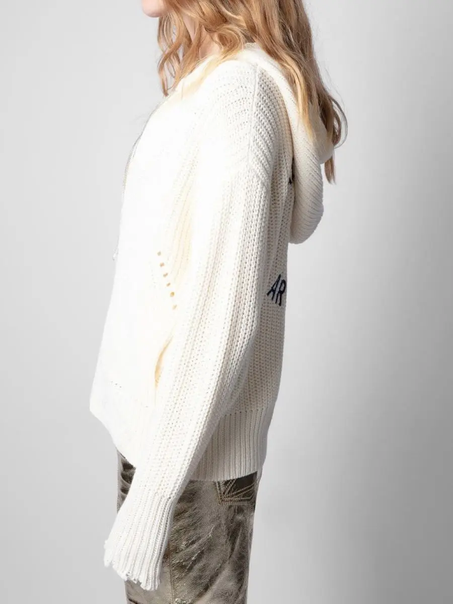 

Women Cardigan Back Letter Embroidery Long Sleeve Zipper 2-Color Hooded Sweater with Pockets