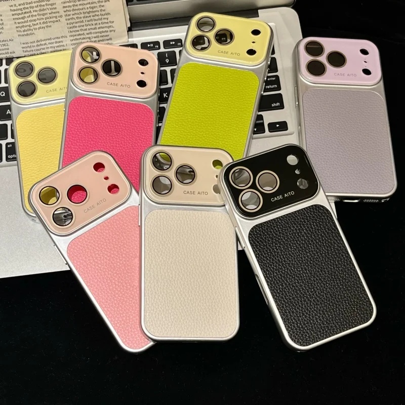 Deluxe Lychee Leather Textured Phone Case with Lens Protection and Shockproof Bumper