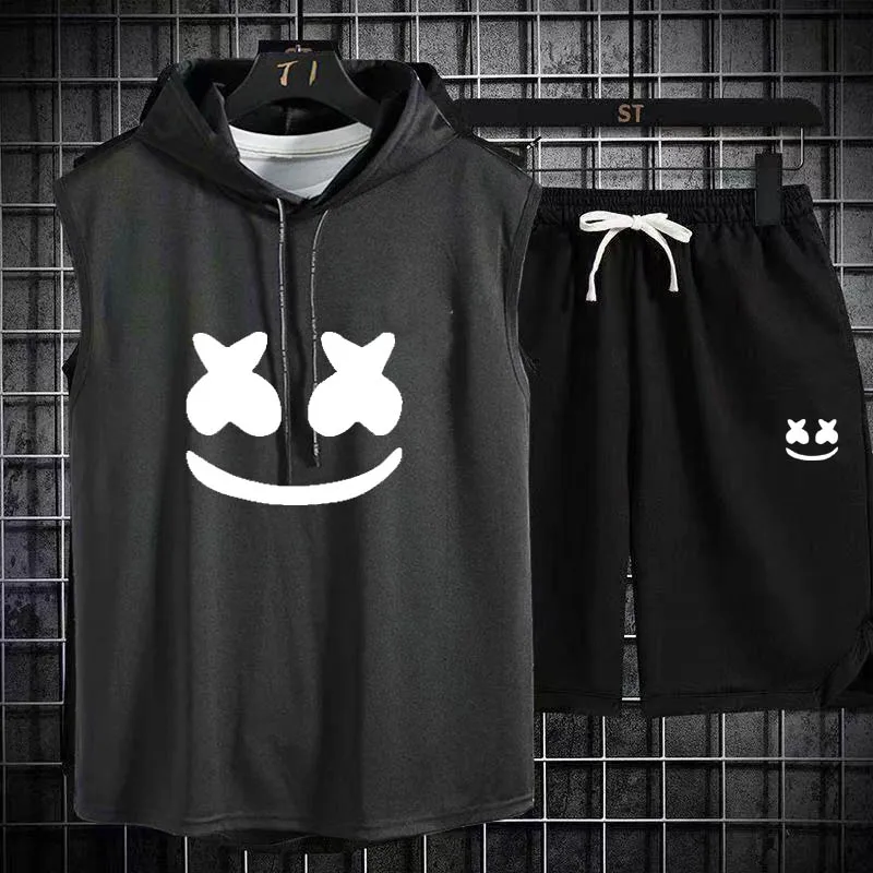 2024 Summer Mens Muscle Hoodie Vest Sleeveless Bodybuilding Gym Workout Fitness Shirt High Quality Vest Hip Hop Sweatshirt suit 4
