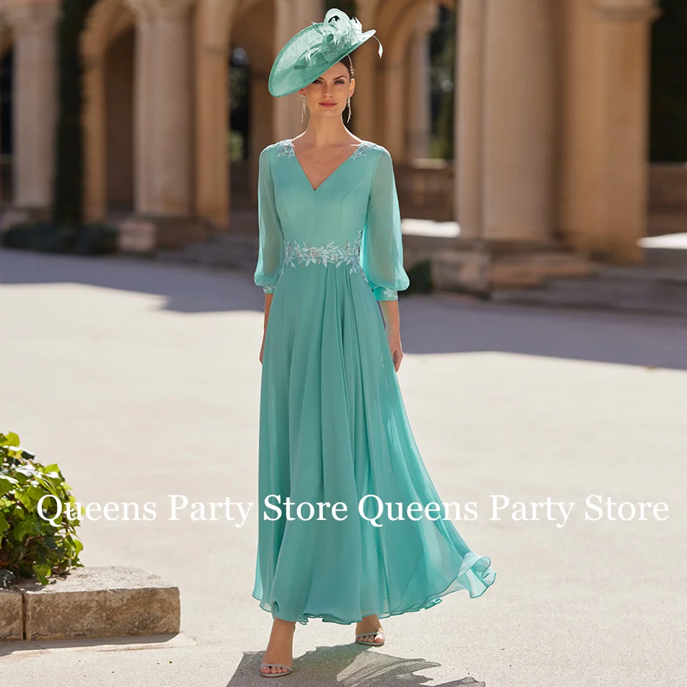 

Woman Mother of The Bride Dress V Neck Puff Sleeves Sequined Applique Chiffon Ankle Length Wedding Guest Gown Banquet Dresses