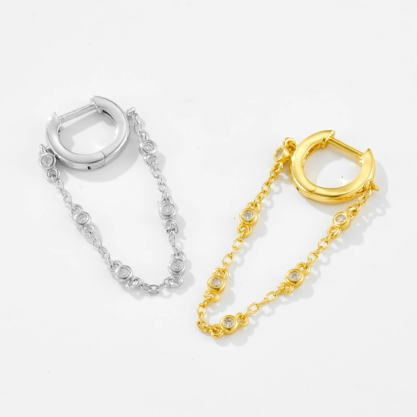 Andywen 925 prata esterlina 8mm única moldura gota fina hoop chain brinco zircon cristal laços círculo clipes de ouro jóias femininas