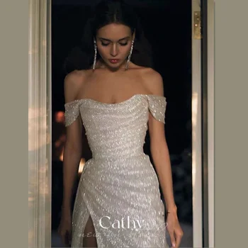 Cathy Sexy Off Shoulder Prom Dress Sexy Side Split Evening Dress Sequins Mermaid فستان سهرة Glitter Customized Party Dresses