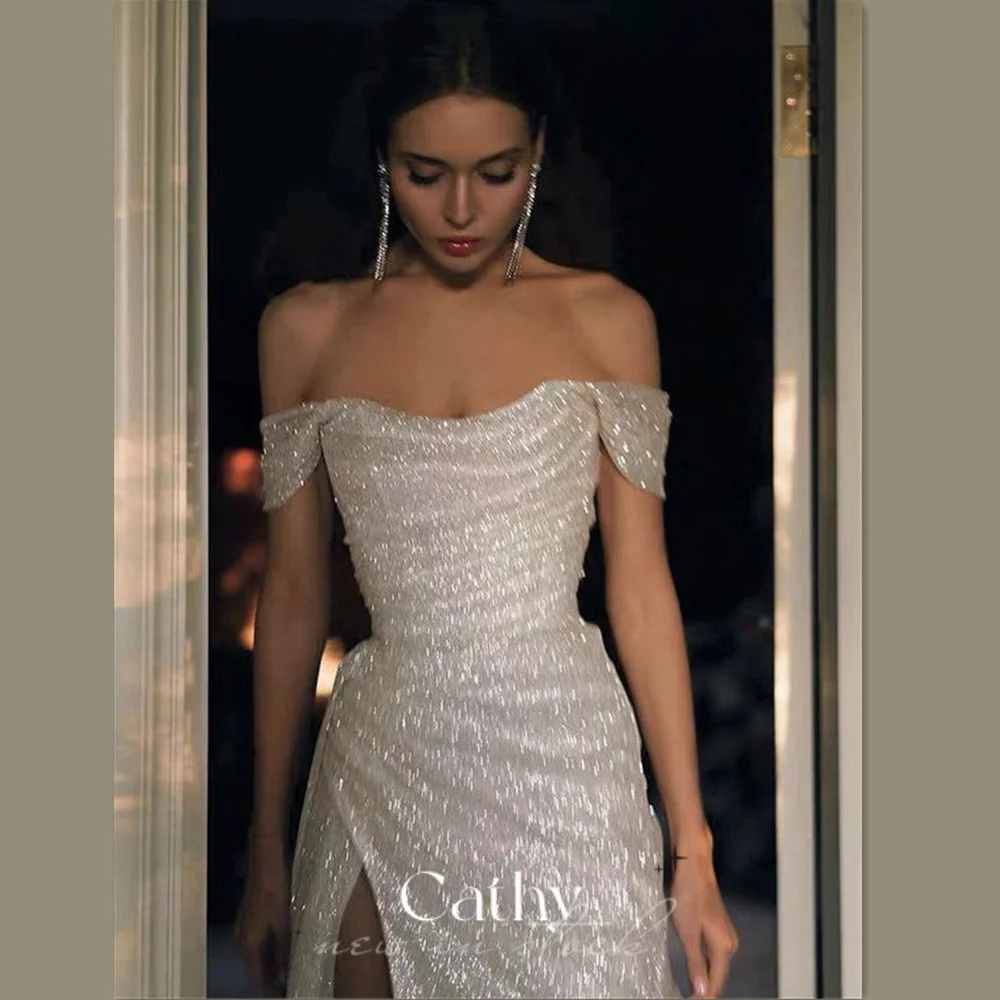 섹시한 오프숄더 파티 드레스, 2023 섹시한 사이드 스플릿 이브닝 드레스, 인어 스팽글, 반짝이 피쉬테일 파티 드레스 