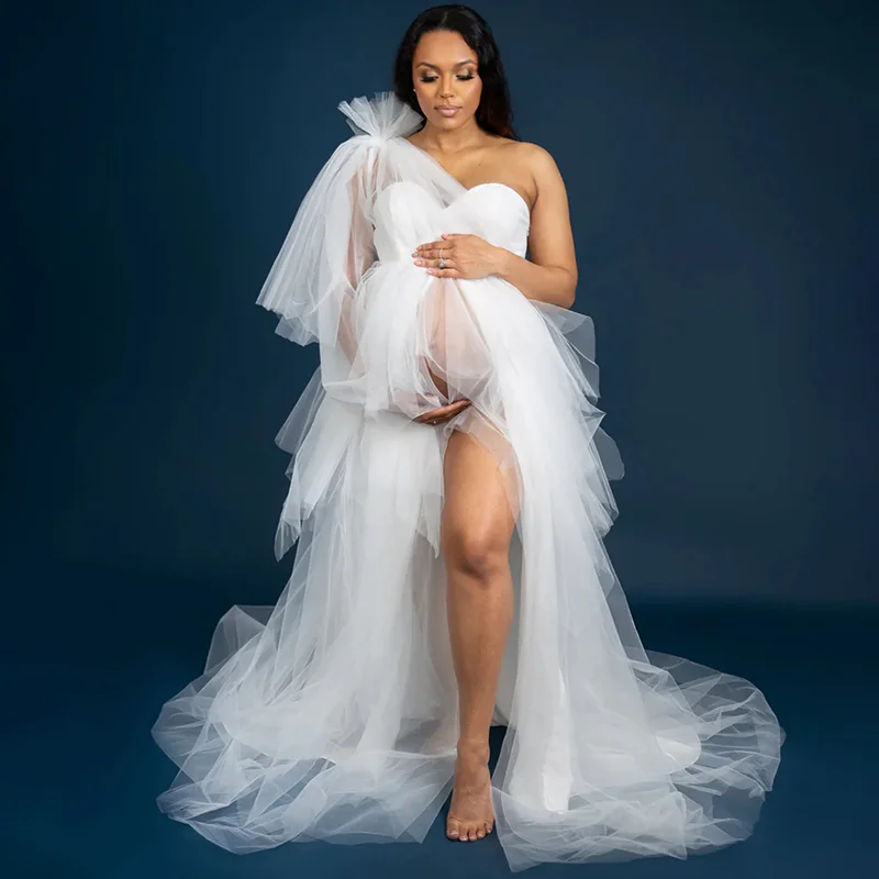 

White Maternity Shoot Dress One Shoulder Front Split Pregnancy Gowns for Babyshower Women Robe Prom Party Clothes