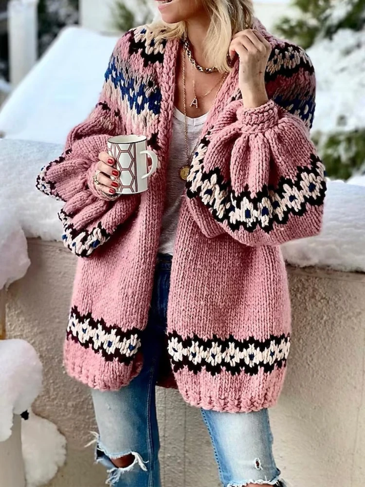 여성용 스플라이스 가디건 스웨터, 루즈 캐주얼 코트, 프린트 정사이즈 오픈 스티치, 사무실 여성, 가을, 겨울, 2024 니트 점퍼