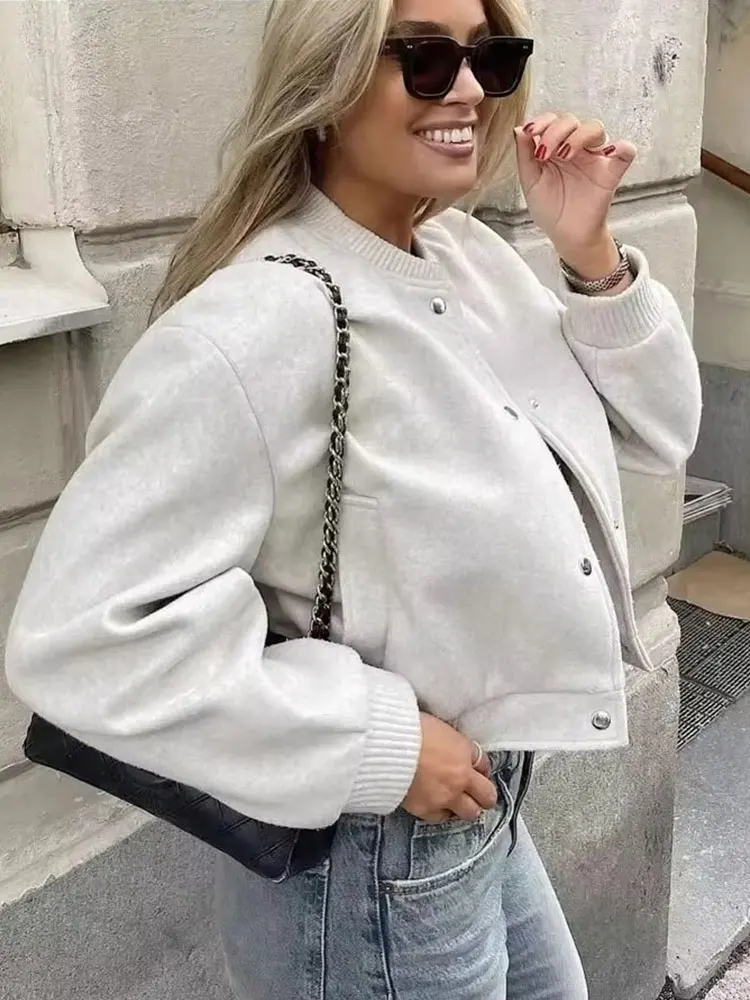 HH Autumn Women Vintage Solid Cropped Coat Single Breasted Long Sleeve Jacket Fashion Casual Woman Commuting Outerwear Top